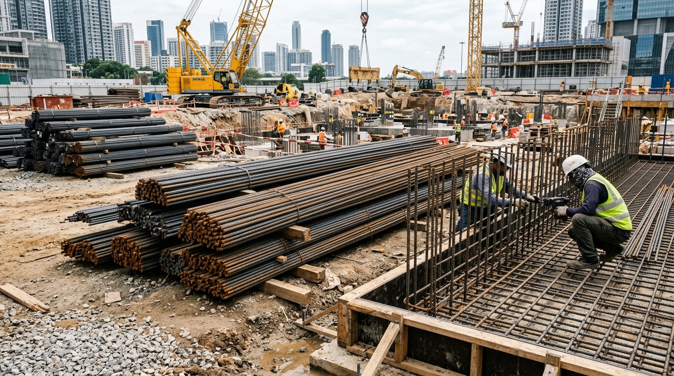 Active foundation steel rebar grid and placement on construction site