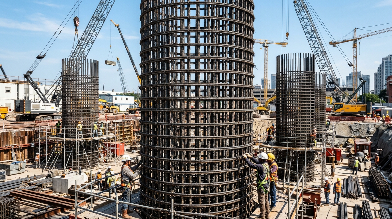 Massive cylindrical steel rebar column cages for infrastructure and skyscrapers