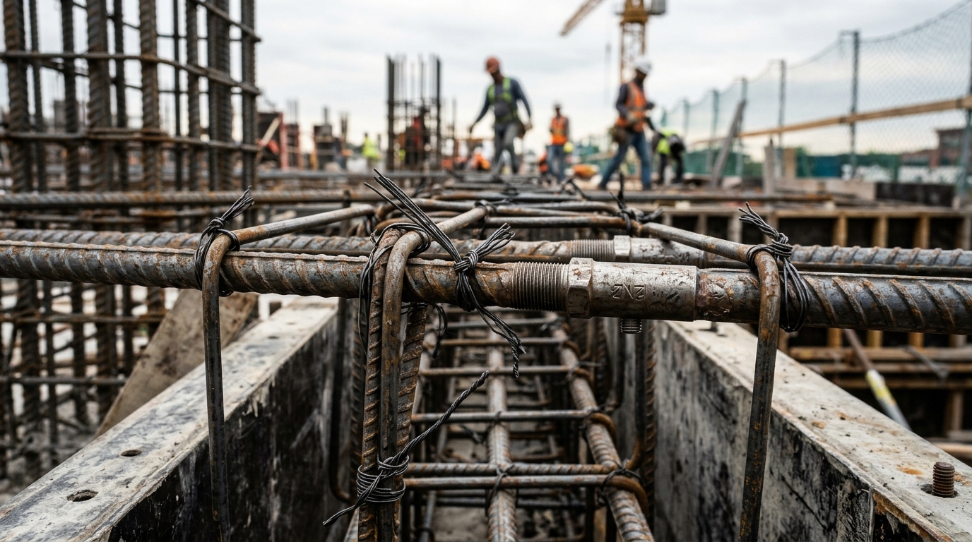 Close-up engineered deformed rebar bars with mechanical couplers and stirrups